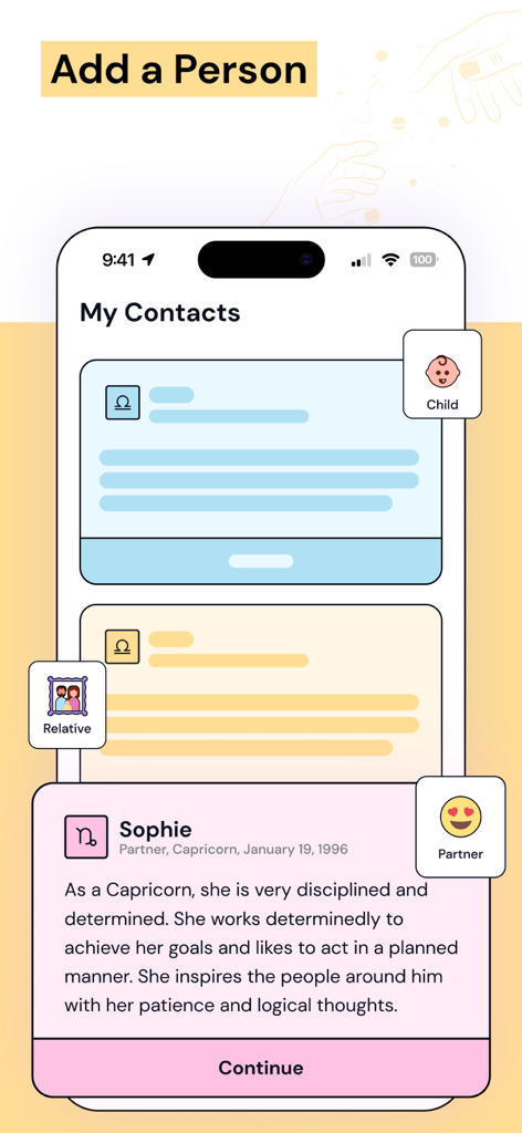 Moyra: Astrology Guide for You - Moyra app screen displaying the add a person feature with a zodiac personality description