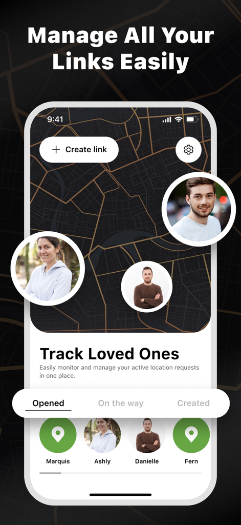 Find Geo: GPS Phone Tracker - Pantalla de la aplicación Find Geo mostrando un mapa con iconos de perfil de miembros de la familia y un panel para administrar enlaces para compartir ubicación