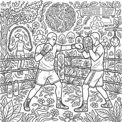 Get ready to color a powerful scene where athleticism meets environmental consciousness! This unique page features boxers training hard, surrounded by inspiring Earth Day motifs and lush natural beauty.