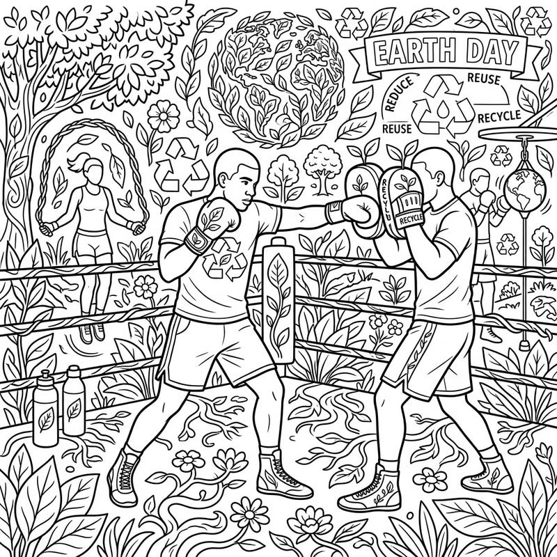Get ready to color a powerful scene where athleticism meets environmental consciousness! This unique page features boxers training hard, surrounded by inspiring Earth Day motifs and lush natural beauty.