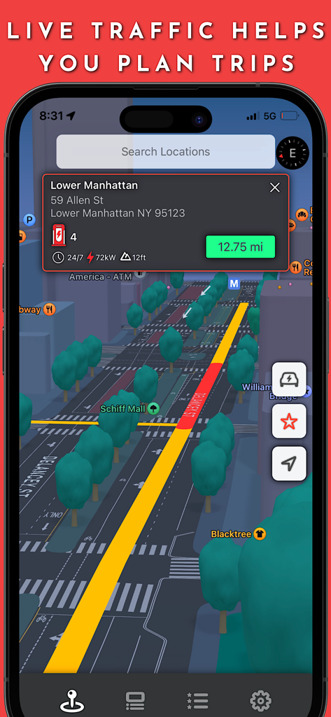 Supercharger for Tesla - A smartphone showing a 3D map with live traffic data and a Tesla Supercharger location in Lower Manhattan