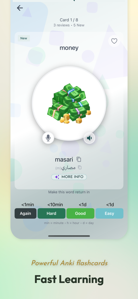 Easy Arabic - Learn & Speak - Easy Arabic app interface showing an Anki flashcard for the word money with audio and spaced repetition buttons