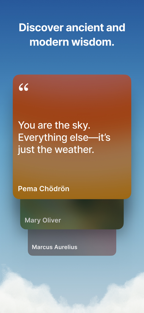 Cartes de citations de sagesse quotidiennes de Pema Chödrön et Marc Aurèle dans l'application de méditation Waking Up