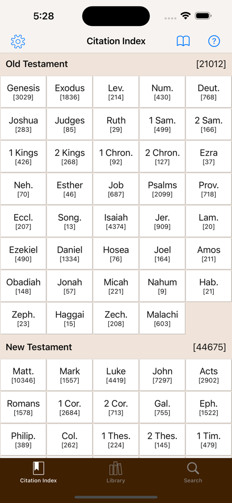 Scripture Citation Index app interface displaying a grid of Old and New Testament books with citation counts.