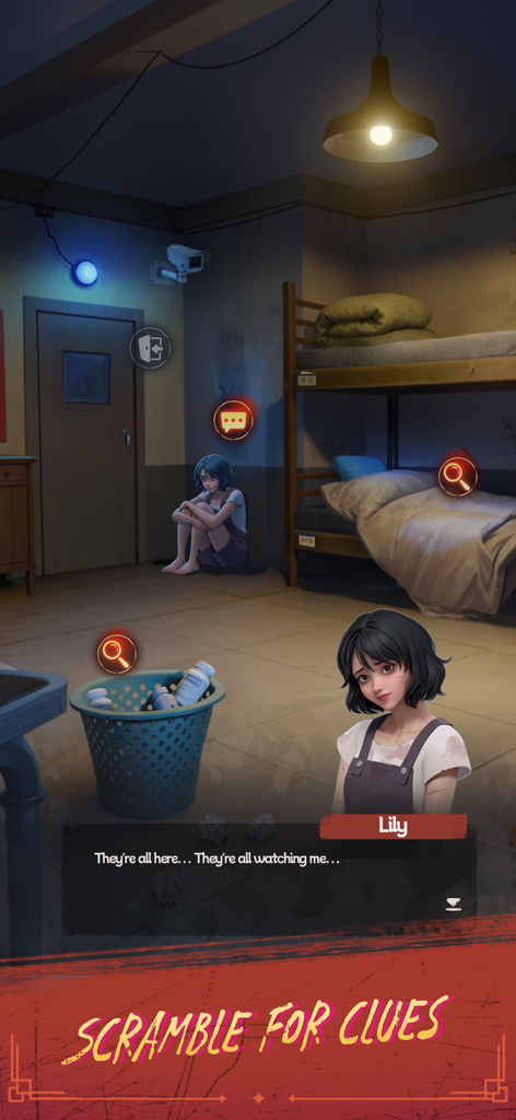 Haunted Merge: Horror Story - Una personaje llamada Lily está sentada en una habitación oscura con iconos de lupa sobre puntos de investigación en el juego móvil Haunted Merge