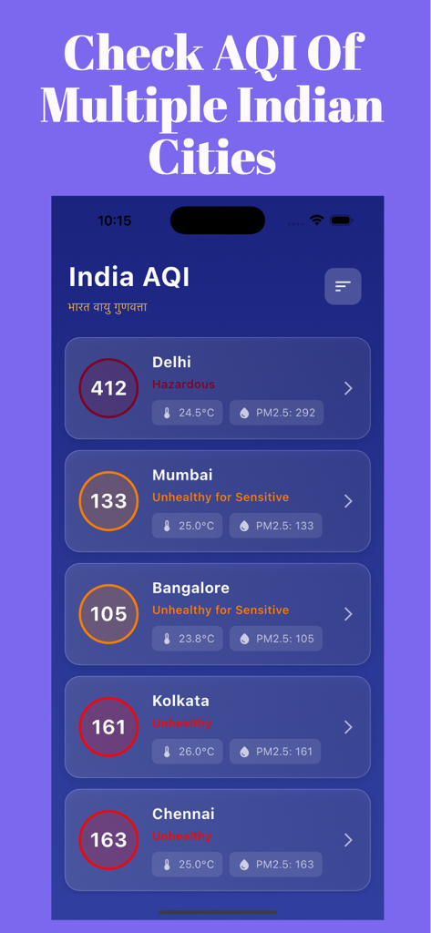India AQI - Air Quality Index - A screenshot of the India AQI app showing air quality index and PM2.5 levels for multiple Indian cities like Delhi Mumbai and Bangalore