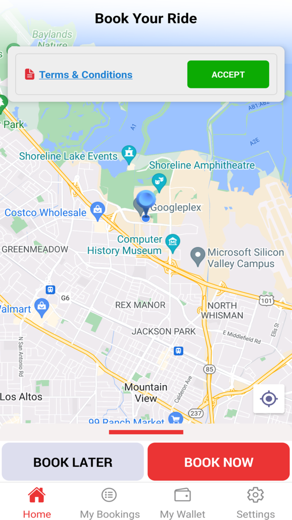 Ja Ride - Interfaz de la aplicación móvil Ja Ride que muestra un mapa y botones para reservar un viaje ahora o más tarde