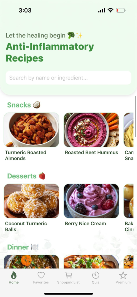 Anti Inflammatory Diet. App - Anti-Inflammatory Diet app home screen displaying healthy snack and dessert recipes.