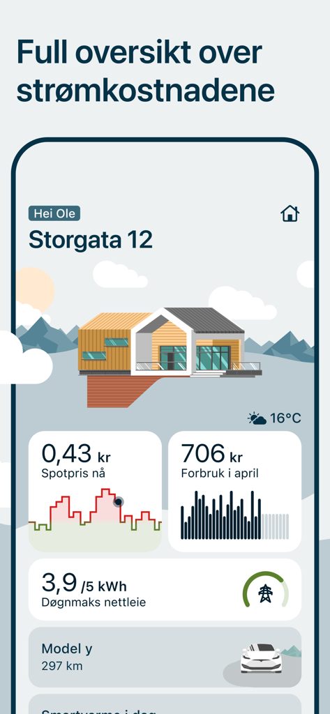 VEV Strøm app dashboard displaying real-time electricity prices monthly consumption and EV charging status