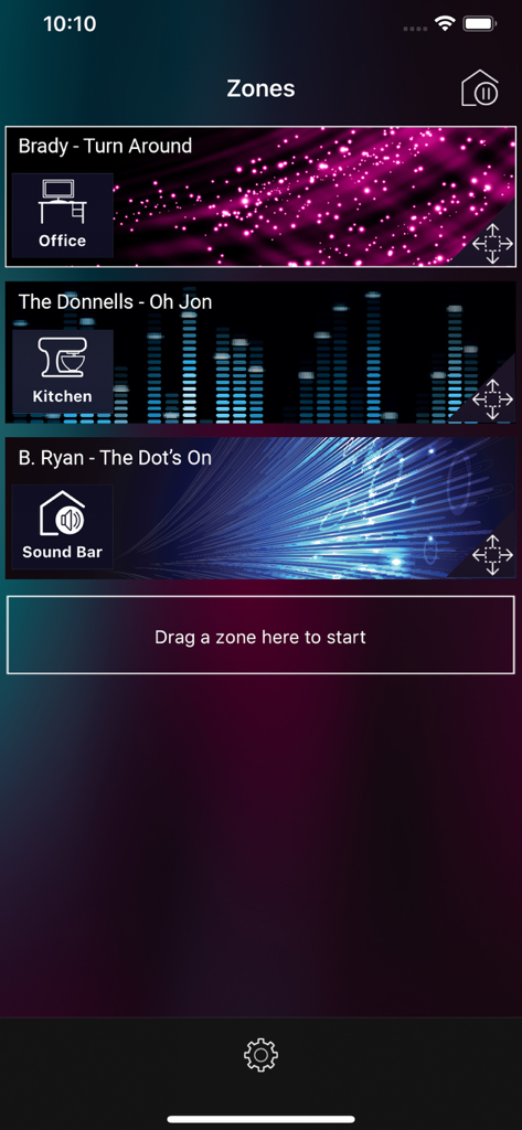 Nuvo Player - Interfaccia dell'app Nuvo Player che mostra i controlli delle zone audio per diverse stanze, tra cui l'ufficio e la cucina