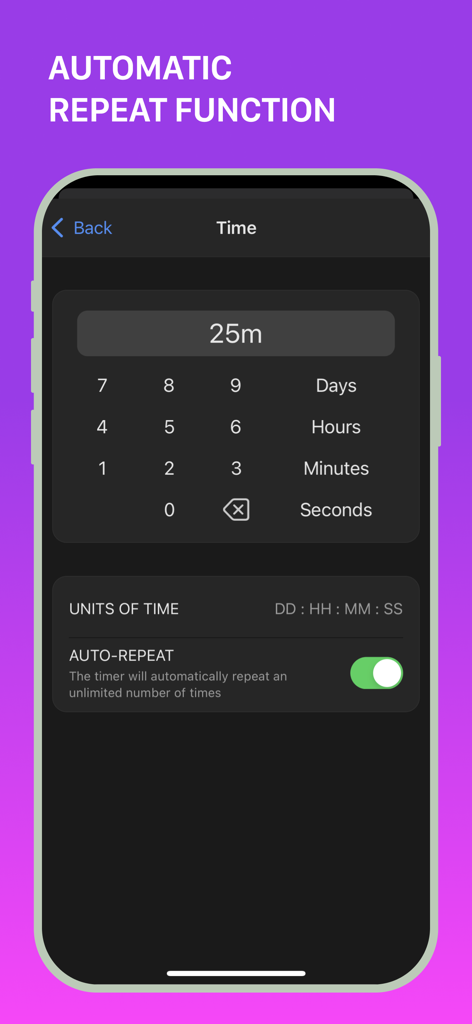 MultiTimer app screen showing the automatic repeat function toggle for a countdown timer
