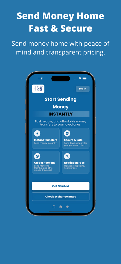 APS Money Transfer mobile app welcome screen with secure international transfer options