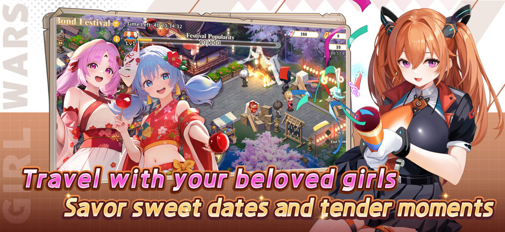 Girl Wars - Girl Wars mobile game screenshot featuring anime characters at a festival event with dating and bonding mechanics.