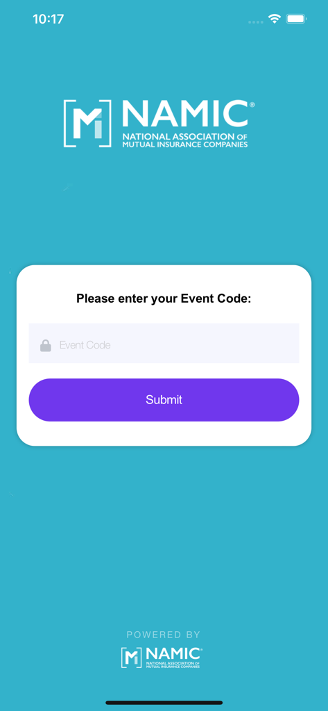 NAMIC Events - Login screen for the NAMIC Events app requesting an event code