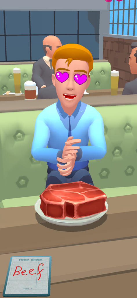 Order please! -Draw&Story game - A happy customer with heart eyes receiving his beef steak order in the Order please simulation game