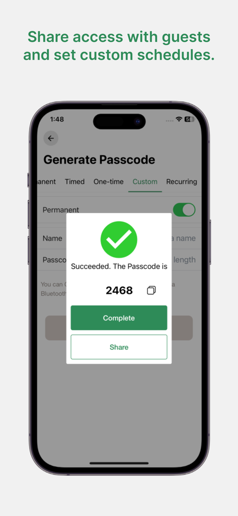 Sifely Smart Lock - Interfaz de la aplicación Sifely Smart Lock mostrando un código generado exitosamente para compartir acceso con los invitados