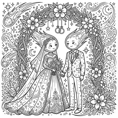 Embark on an extraordinary celestial celebration with this unique Oort Cloud Comets Wedding coloring page, where cosmic entities find eternal love. Perfect for space enthusiasts and romantics alike, this intricate design invites you to color a truly out-of-this-world wedding.
