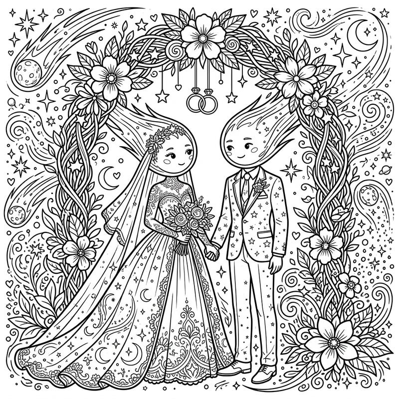 Embark on an extraordinary celestial celebration with this unique Oort Cloud Comets Wedding coloring page, where cosmic entities find eternal love. Perfect for space enthusiasts and romantics alike, this intricate design invites you to color a truly out-of-this-world wedding.