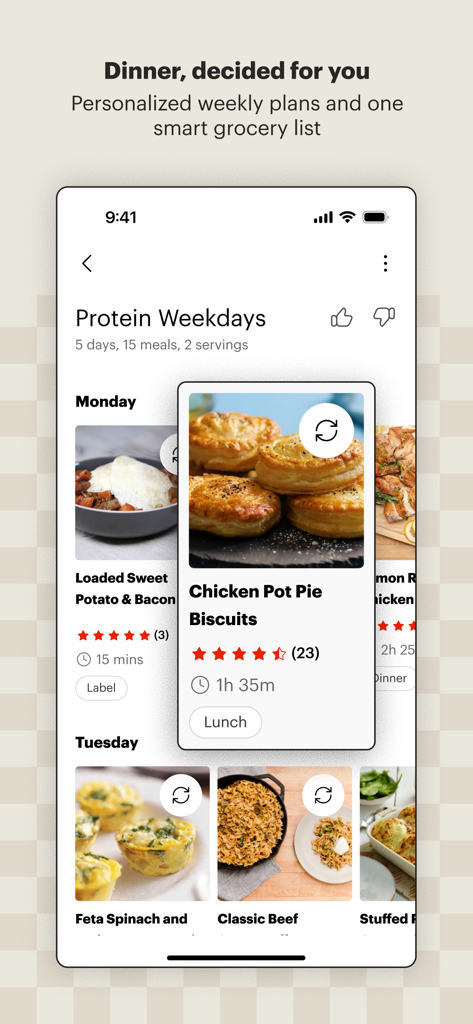 Pantalla de la aplicación Tastemade Cooking que muestra un plan de comidas semanal personalizado con varias recetas como galletas de pastel de pollo.