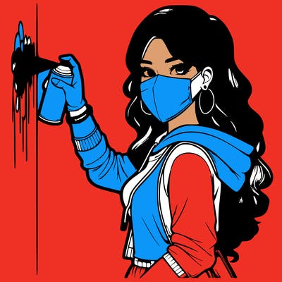 realistic girl with mask spray painting a wall