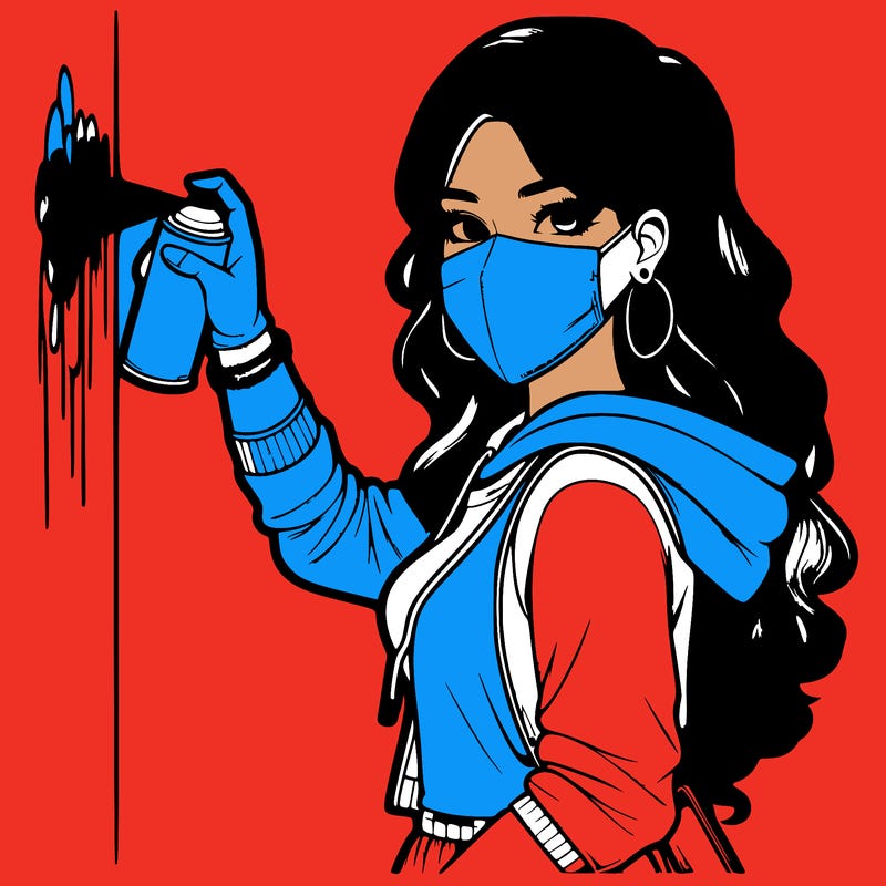 realistic girl with mask spray painting a wall