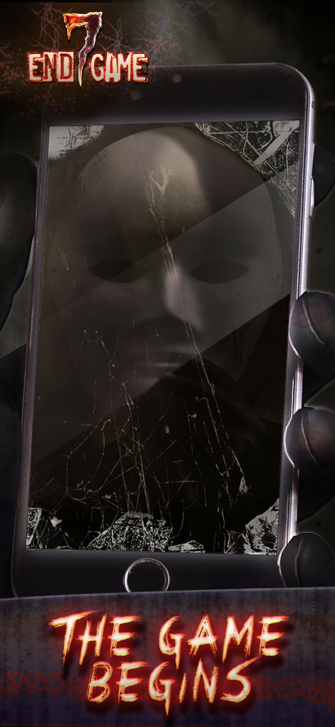 Seven - Endgame - A cracked smartphone screen showing a masked face and the text The Game Begins for Seven Endgame