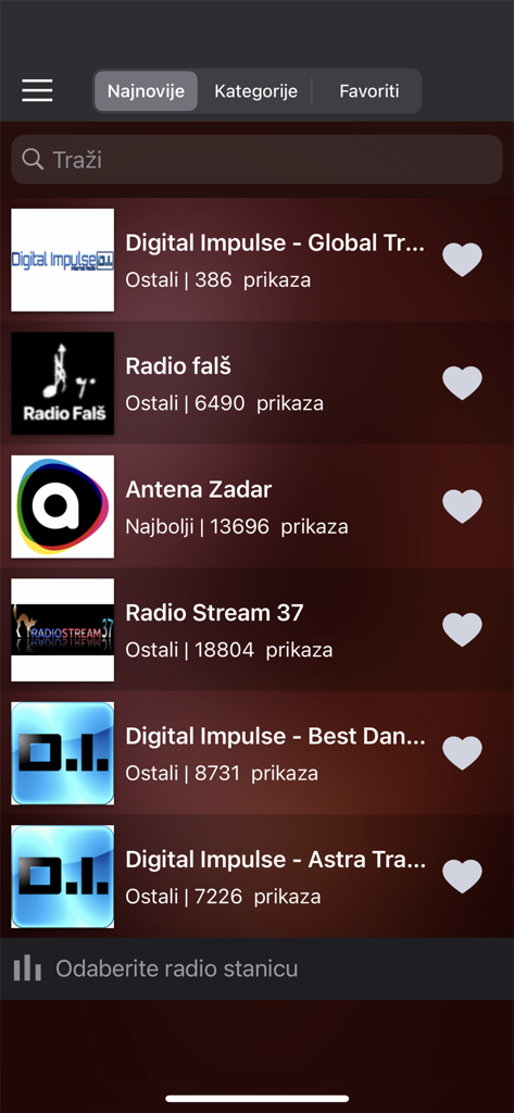 Radio Hrvatski - A list of Croatian radio stations within the Radio Hrvatski mobile app interface.