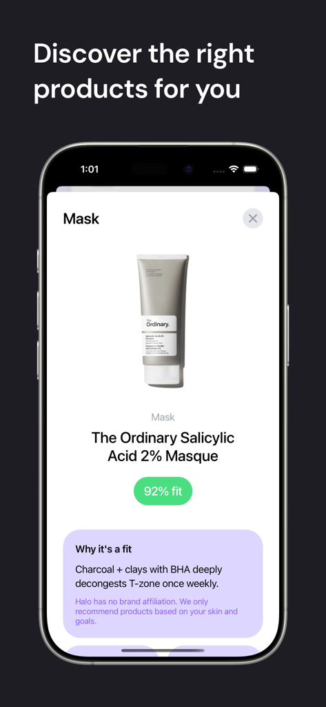 Halo: Clear Skin in 55 Days - A mobile app screen showing a personalized skincare product recommendation with a compatibility percentage