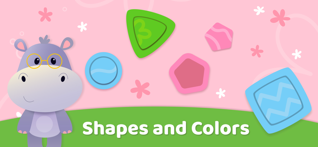 Baby Games for Kids - Babymals - Un lindo personaje hipopótamo morado enseñando formas y colores en la aplicación educativa Babymals para niños pequeños