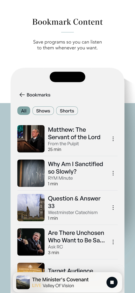 RefNet Christian Radio app showing the bookmark content screen with a list of saved theological programs and sermons.