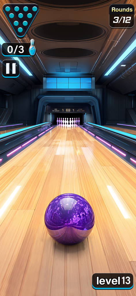 Pin Bowling Ball: Bowling Game - Uma bola de boliche roxa em uma pista de madeira em um ambiente de boliche 3D futurista com luzes de neon.