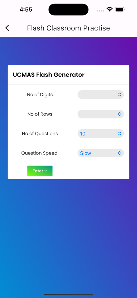 UCMAS Student App - Interface of the UCMAS Student App showing settings for the Flash Generator classroom practice module