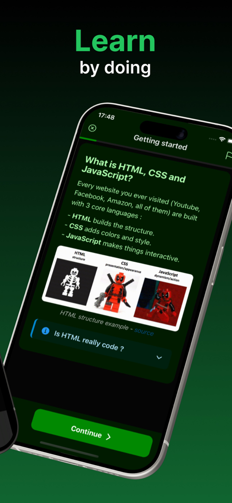 CodeLife - Learn to code - Educational screen from the CodeLife app explaining HTML CSS and JavaScript basics using visual analogies for beginners