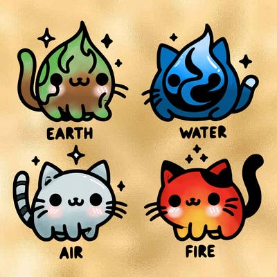 4 cats that represent the different elements, earth, water, air, and fire