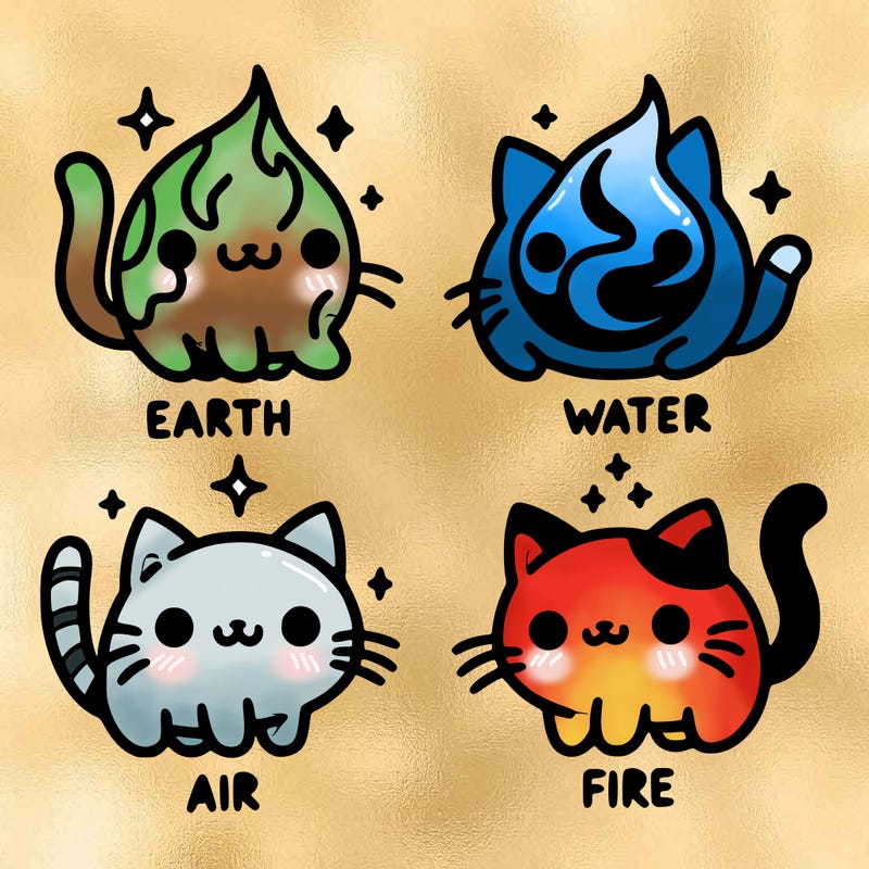 4 cats that represent the different elements, earth, water, air, and fire