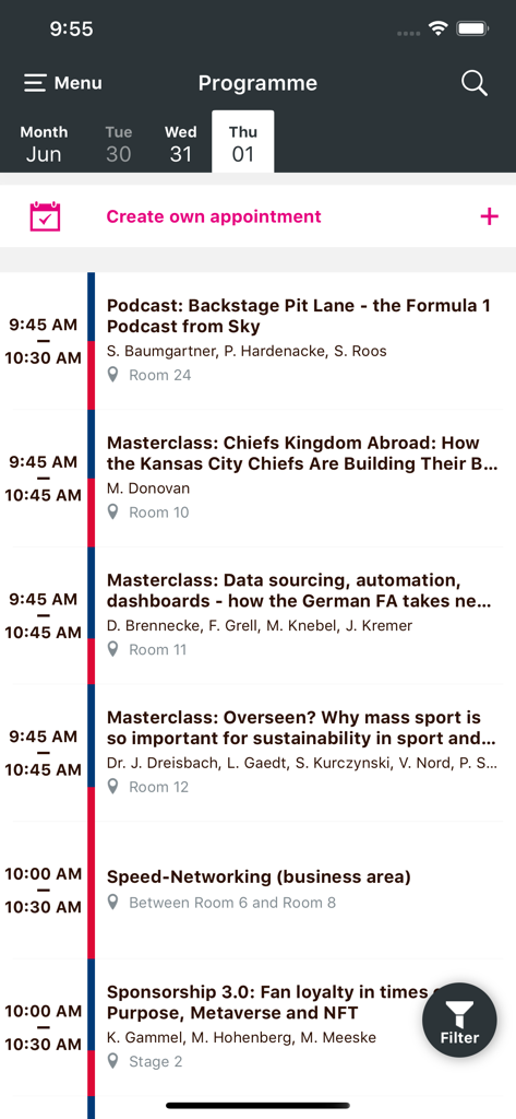 SPOBIS - SPOBIS app interface showing a list of scheduled conference sessions including masterclasses and speed networking