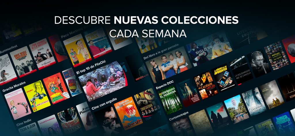 Interface of the FlixOle app showing a variety of Spanish movie posters organized into weekly curated collections