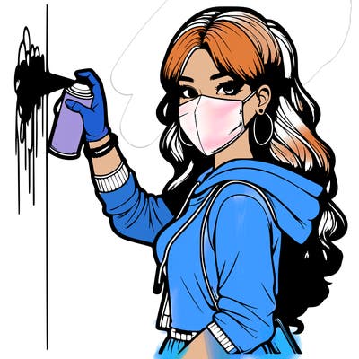 realistic girl with mask spray painting a wall