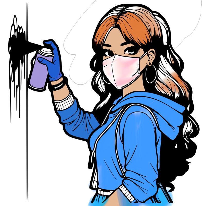 realistic girl with mask spray painting a wall