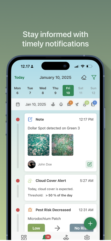 GreenCast Connect by Syngenta - Dashboard der mobilen App mit rechtzeitigen Benachrichtigungen für Krankheitsrisiken auf dem Rasen und Wetterwarnungen