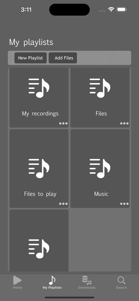 Audio Player - Play Music - The My Playlists interface of the Audio Player app showing categorized folders for local recordings and music files