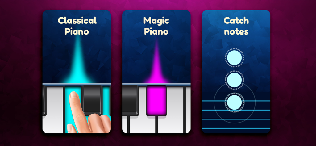 Display of three musical game modes for toddlers including Classical Piano Magic Piano and Catch Notes