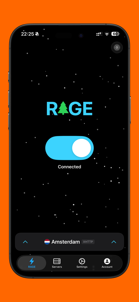 RAGE - Unlimited Access - RAGE app main interface with a dark starry background showing a connected status and server location in Amsterdam