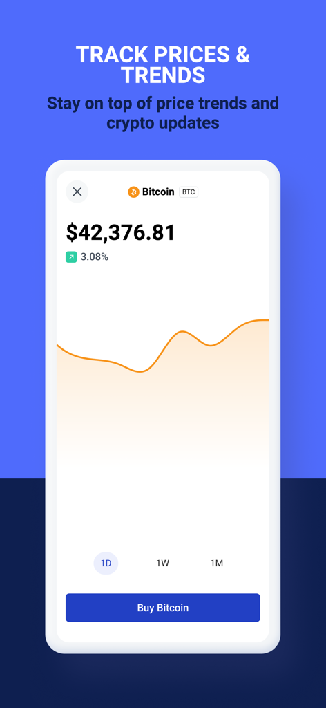 Pantalla de la aplicación BitPay que muestra un gráfico de precios de Bitcoin en tiempo real y una función de seguimiento de tendencias.