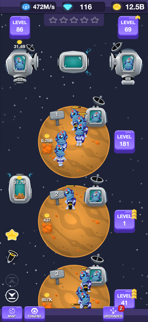 Planet Miner FRVR - Monos espaciales extrayendo oro en múltiples asteroides en el juego de magnate inactivo Planet Miner FRVR