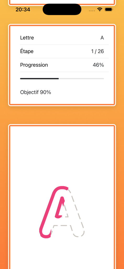 Child tracing the letter A in a French alphabet learning app