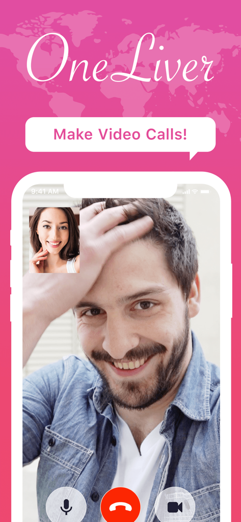 OneLiver app screen showing a man and woman in a live video call