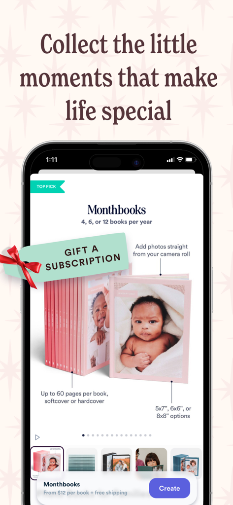 Chatbooks Family Photo Albums - iPhone screen showing Chatbooks app with Monthbooks photo album subscription and customizable options