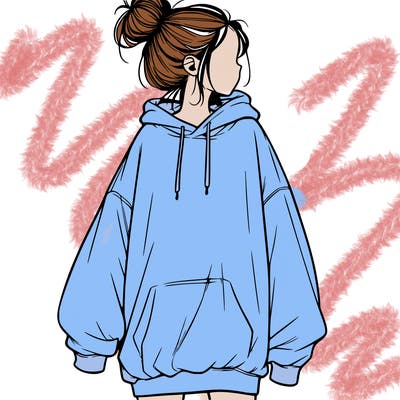 realistic girl with a oversized sweatshirt on and a bun