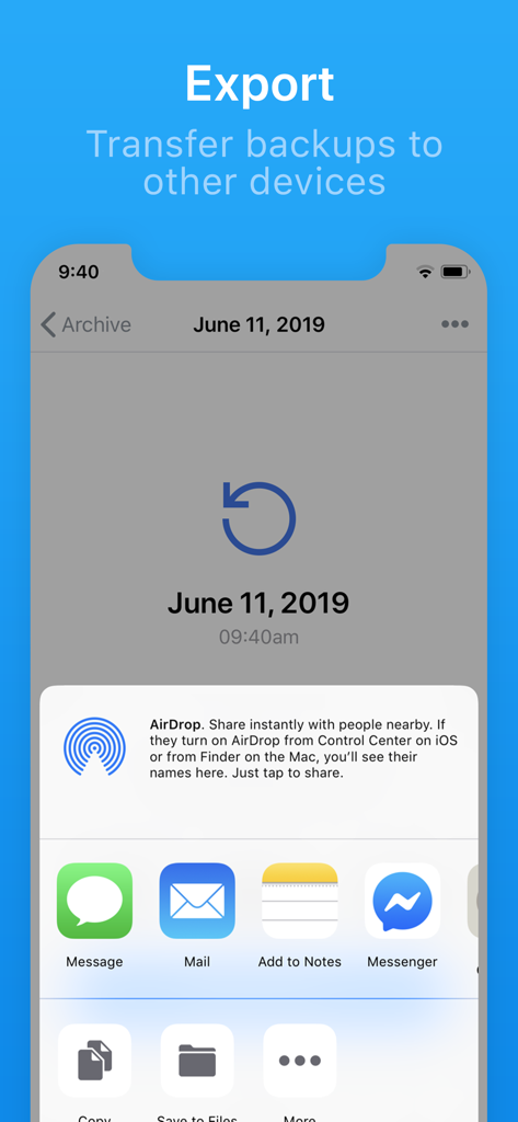 Contacts Backup + Transfer - AirDrop, 메시지 및 이메일을 통한 연락처 백업 내보내기 및 전송 옵션을 보여주는 화면.